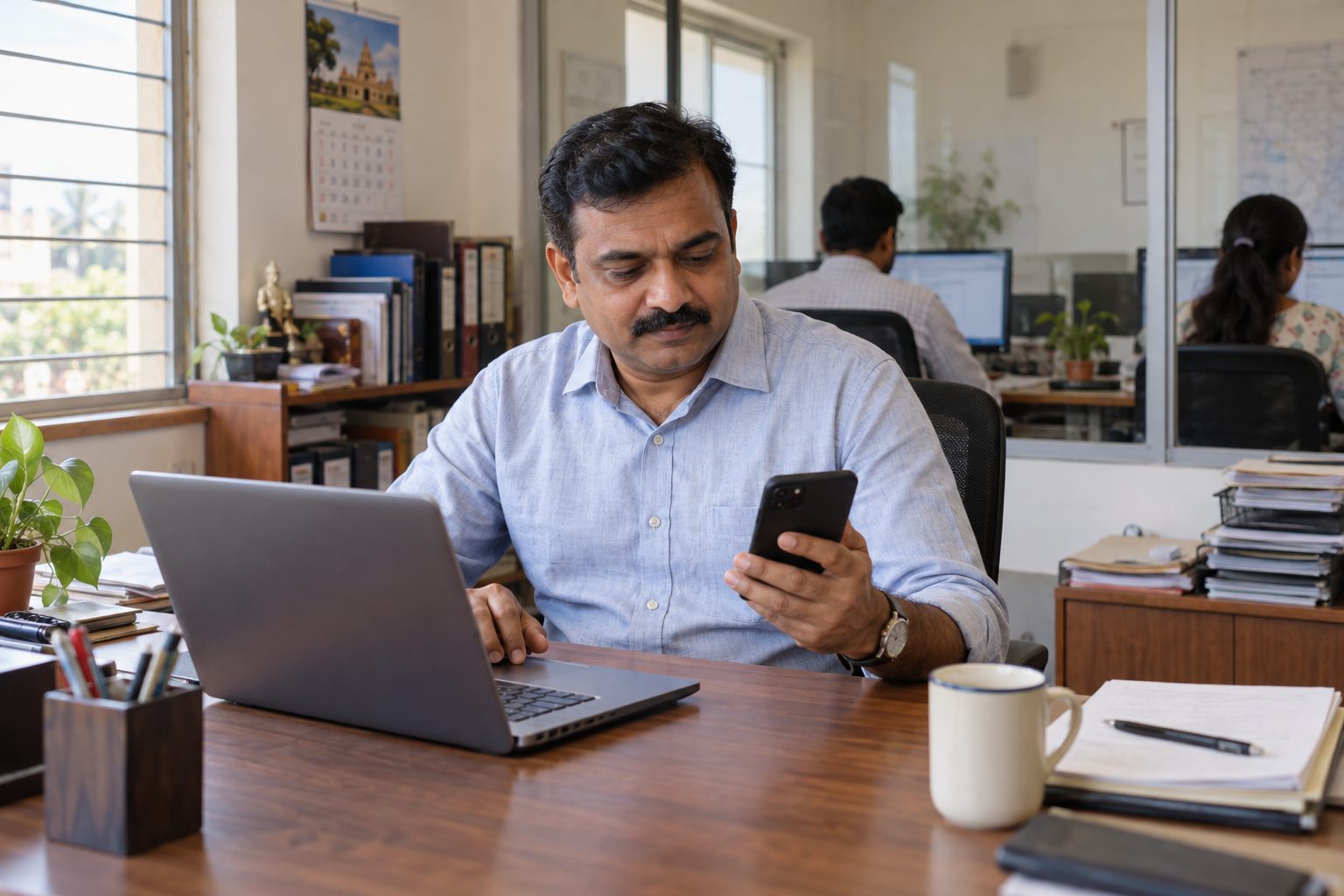 A business owner checks his phone while working on a Windows laptop